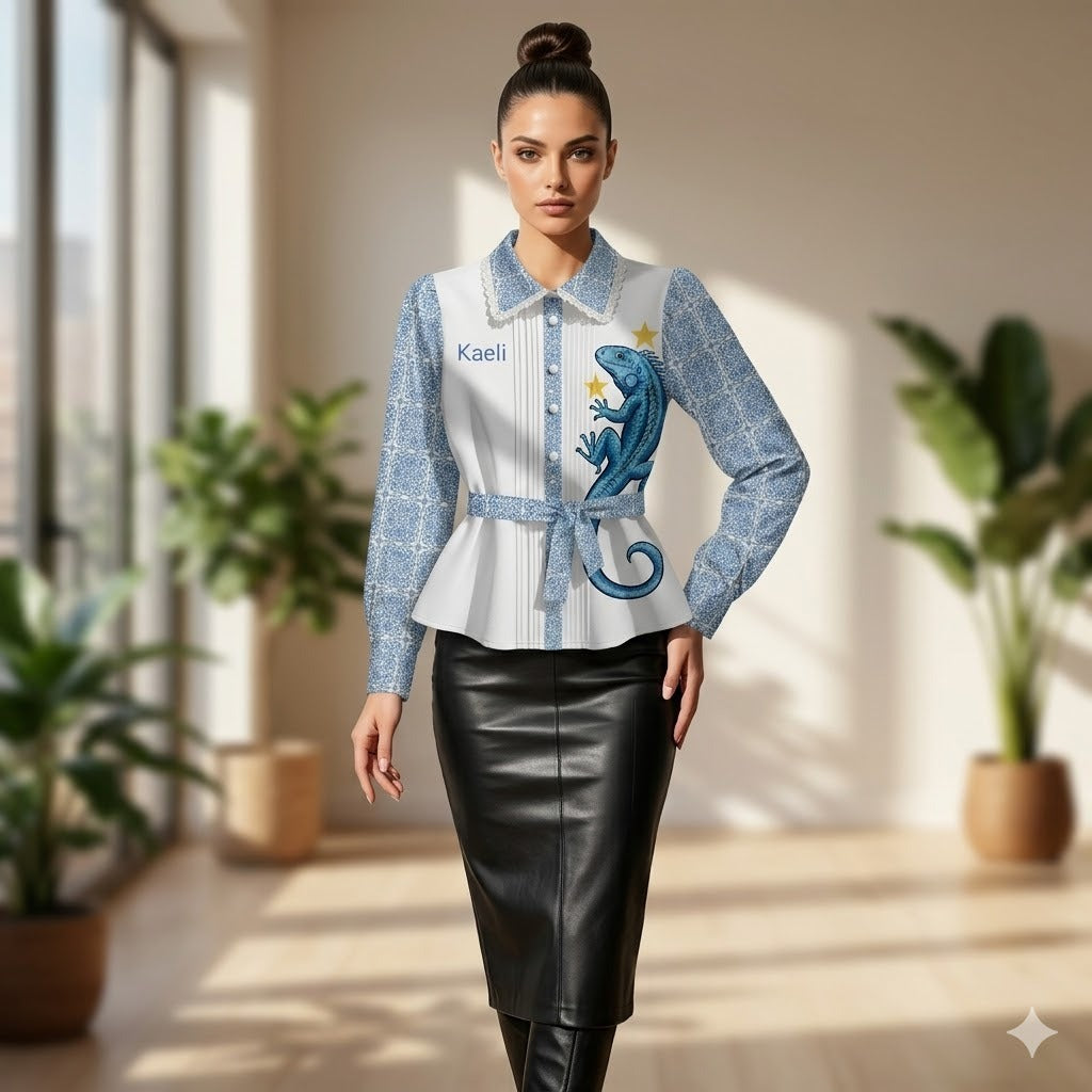 Blusa Peplum Con Cuello de Encaje "Iguana Azul" - Edición Boutique Kaeli